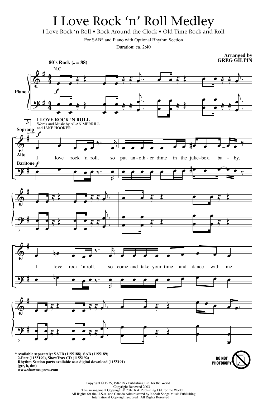 Greg Gilpin I Love Rock 'n' Roll Medley sheet music notes and chords arranged for 2-Part Choir
