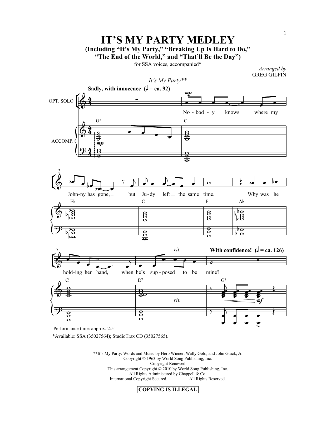 Greg Gilpin It's My Party Medley sheet music notes and chords arranged for SSA Choir