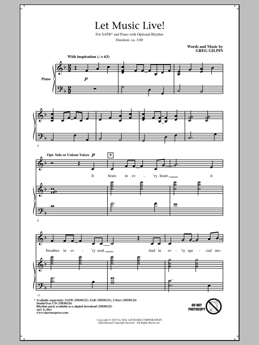 Greg Gilpin Let Music Live sheet music notes and chords arranged for SAB Choir