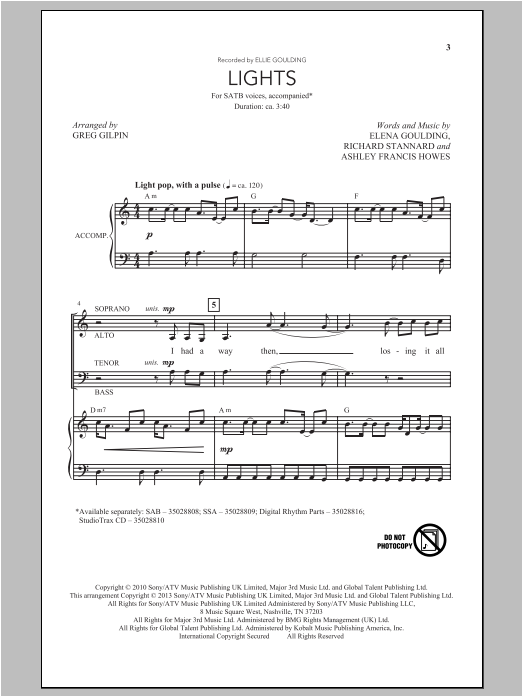 Greg Gilpin Lights sheet music notes and chords arranged for SATB Choir