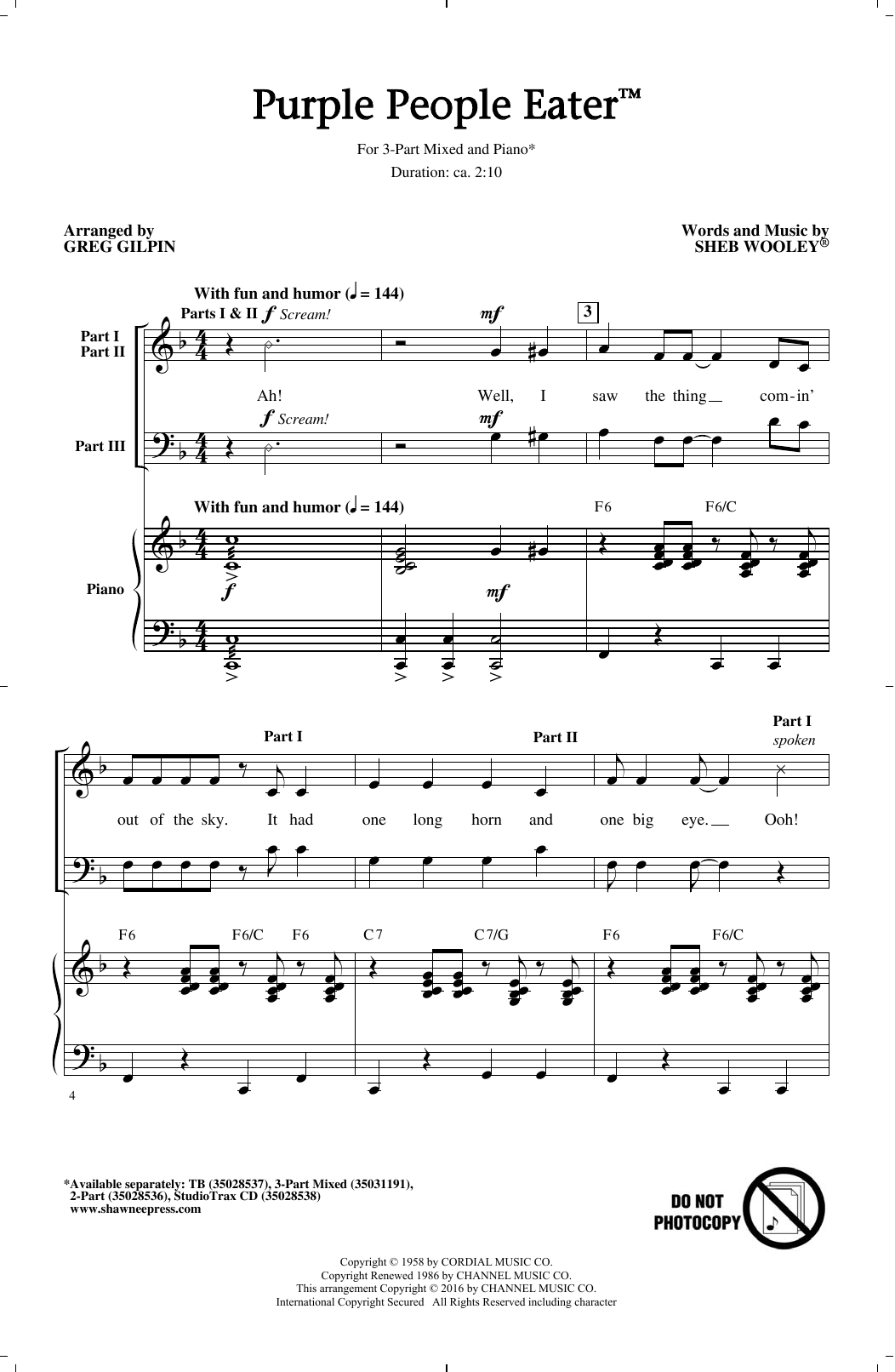 Greg Gilpin Purple People Eater sheet music notes and chords arranged for 3-Part Mixed Choir