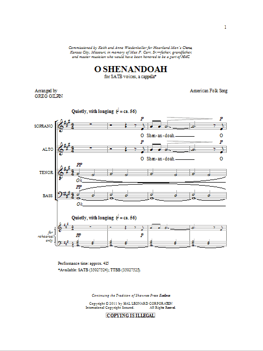 Greg Gilpin Shenandoah sheet music notes and chords arranged for TTBB Choir
