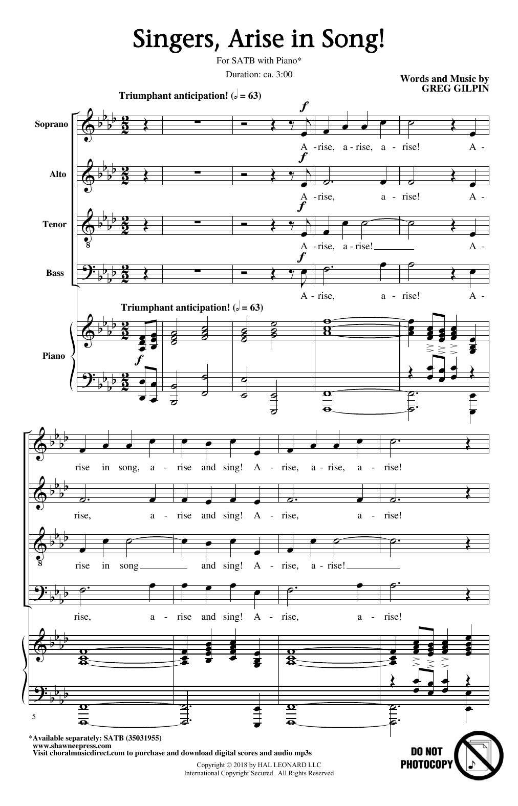 Greg Gilpin Singers, Arise In Song! sheet music notes and chords arranged for SATB Choir