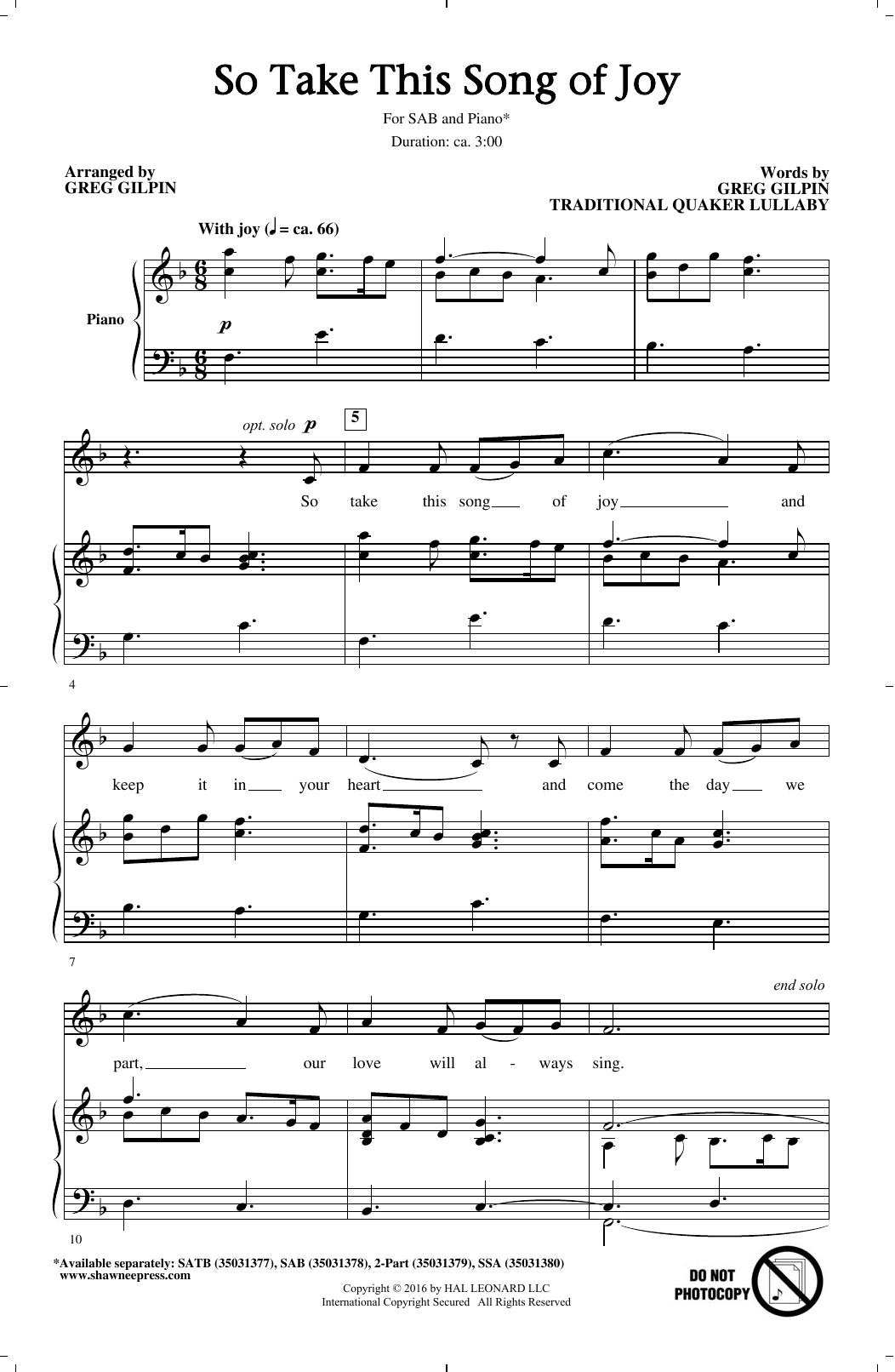 Greg Gilpin So Take This Song Of Joy sheet music notes and chords arranged for 2-Part Choir