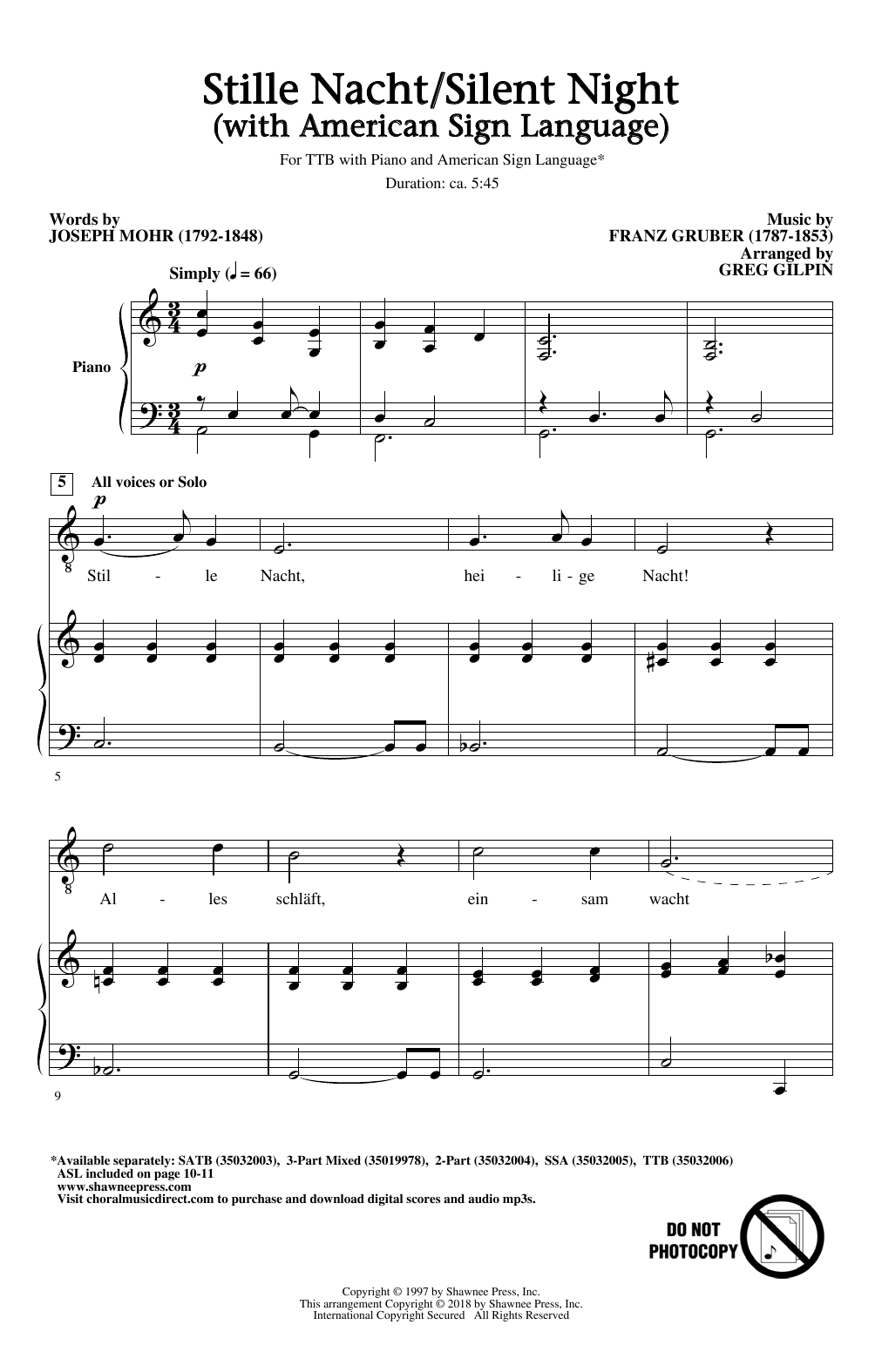 Greg Gilpin Stille Nacht/Silent Night (With American Sign Language) sheet music notes and chords arranged for SSA Choir