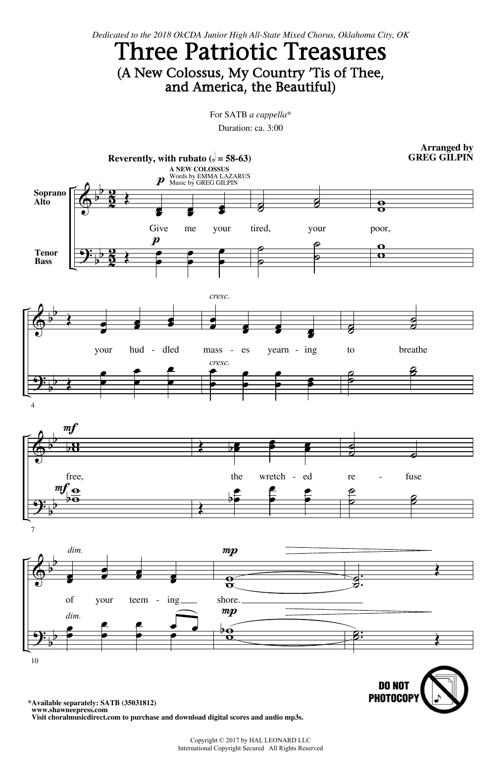 Greg Gilpin Three Patriotic Treasures sheet music notes and chords arranged for SATB Choir