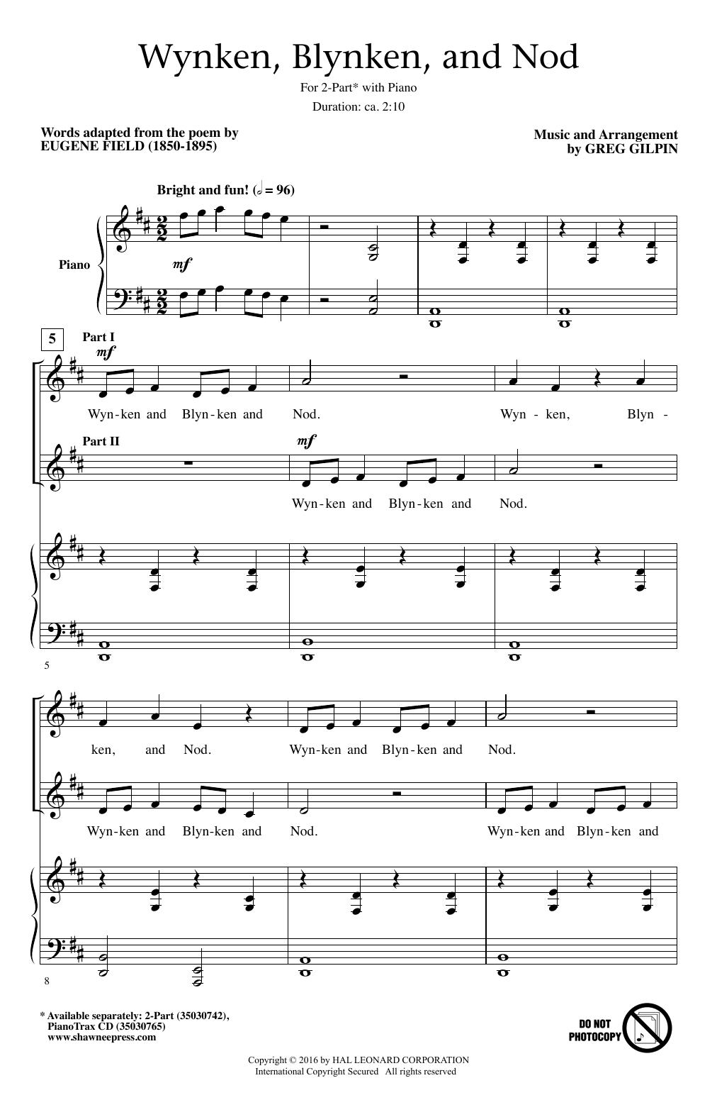 Greg Gilpin Wynken, Blynken, And Nod sheet music notes and chords arranged for 2-Part Choir