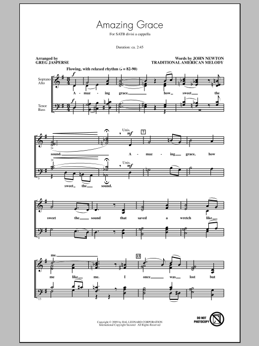 Greg Jasperse Amazing Grace sheet music notes and chords arranged for SATB Choir