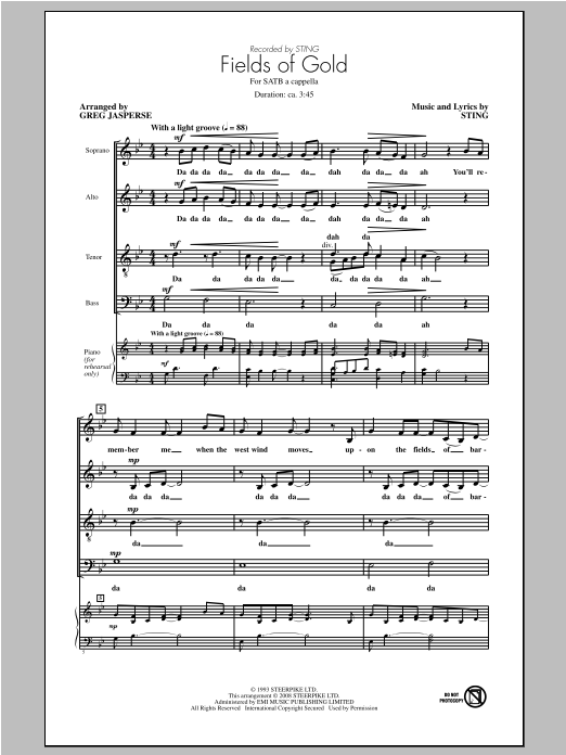 Greg Jasperse Fields Of Gold sheet music notes and chords arranged for SATB Choir