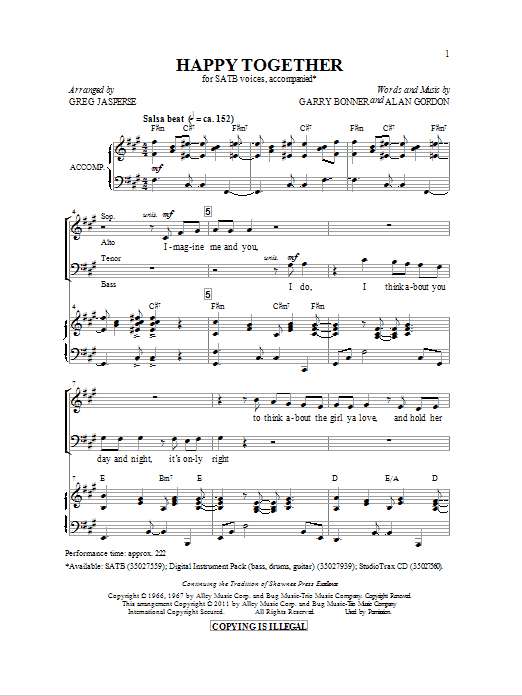 Greg Jasperse Happy Together sheet music notes and chords arranged for SATB Choir