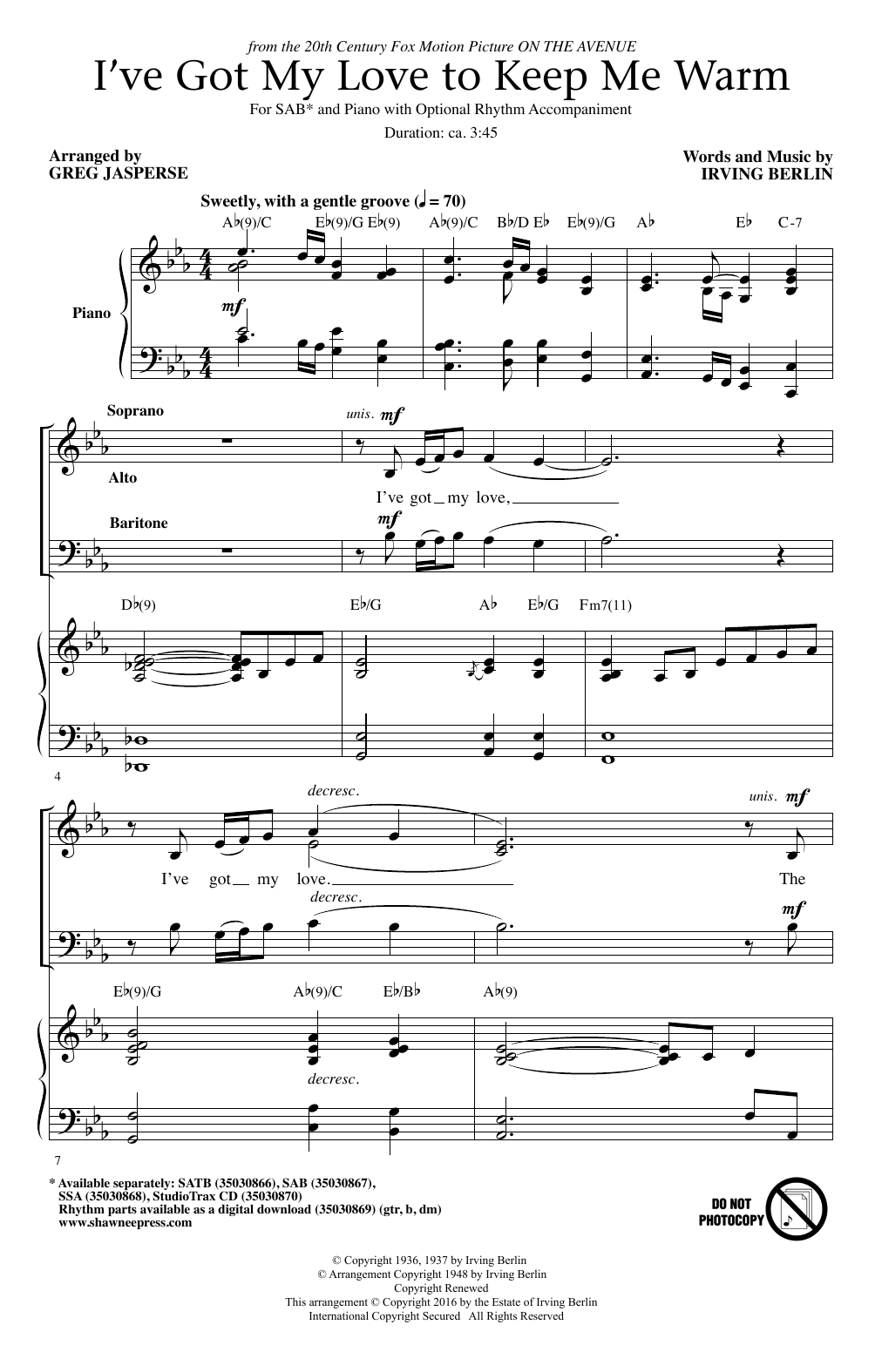Greg Jasperse I've Got My Love To Keep Me Warm sheet music notes and chords arranged for SSA Choir