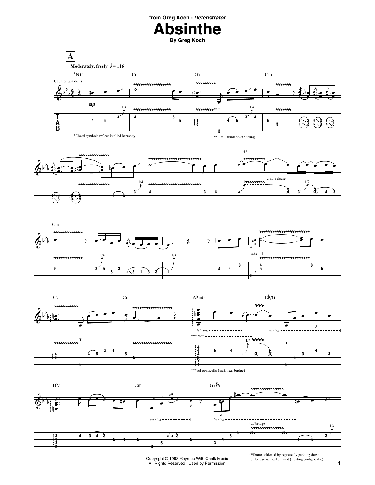 Greg Koch Absinthe sheet music notes and chords arranged for Guitar Tab