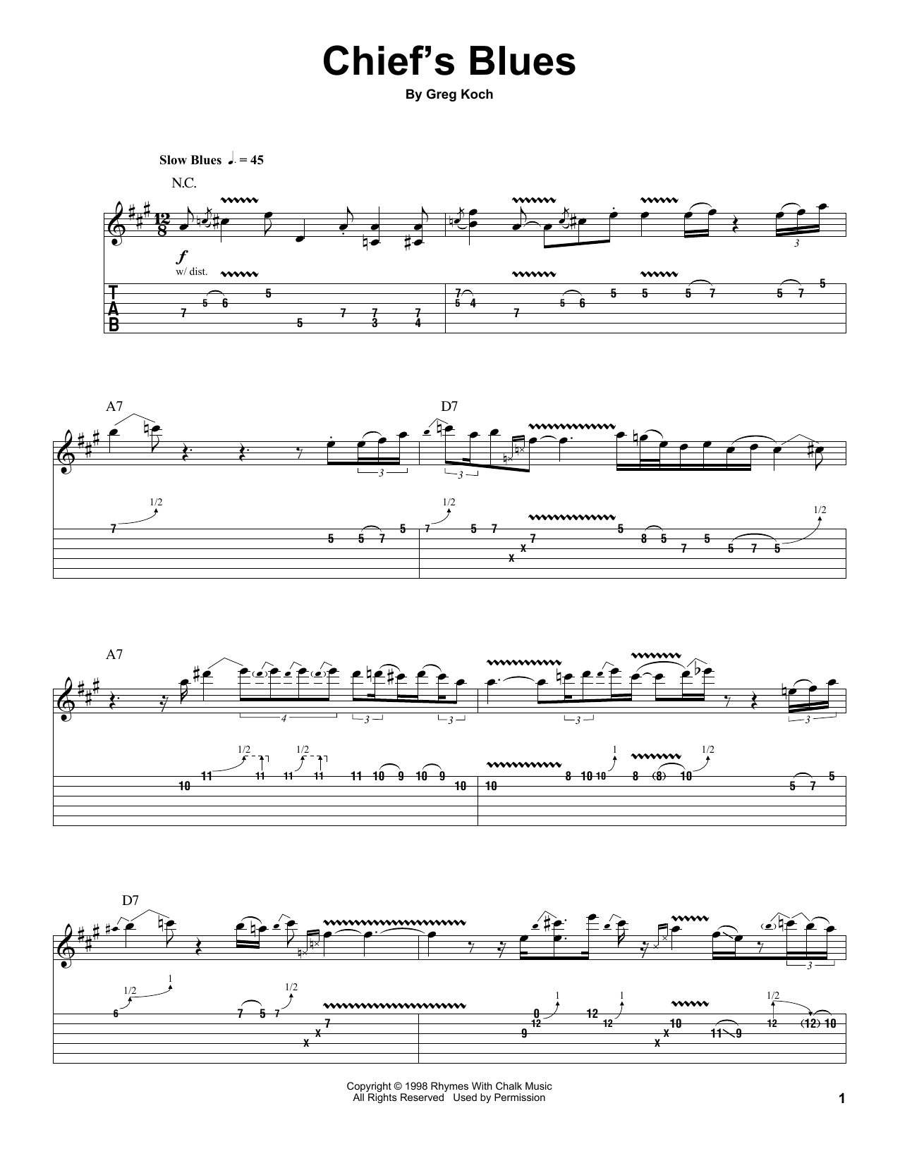 Greg Koch Chief's Blues sheet music notes and chords arranged for Guitar Tab (Single Guitar)