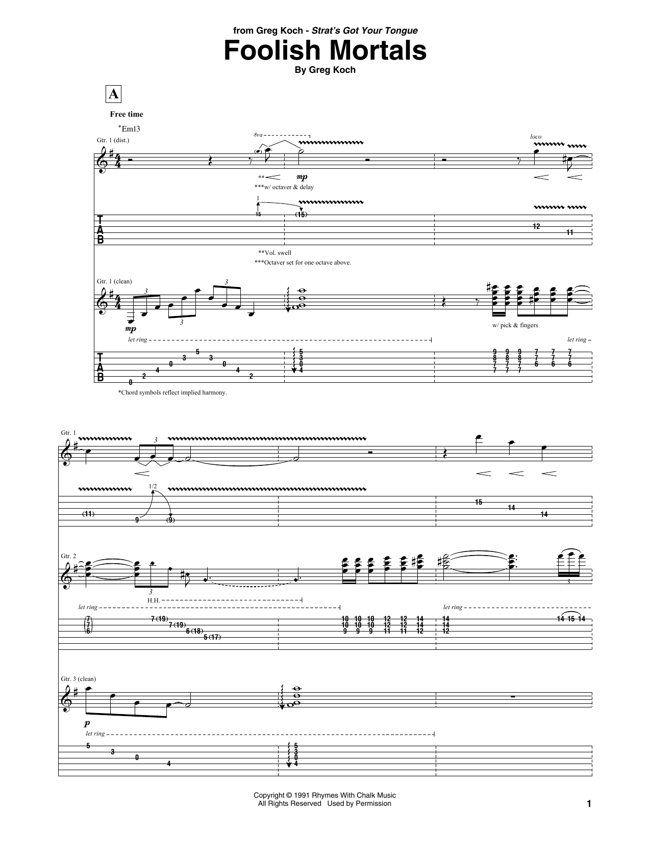 Greg Koch Foolish Mortals sheet music notes and chords arranged for Guitar Tab