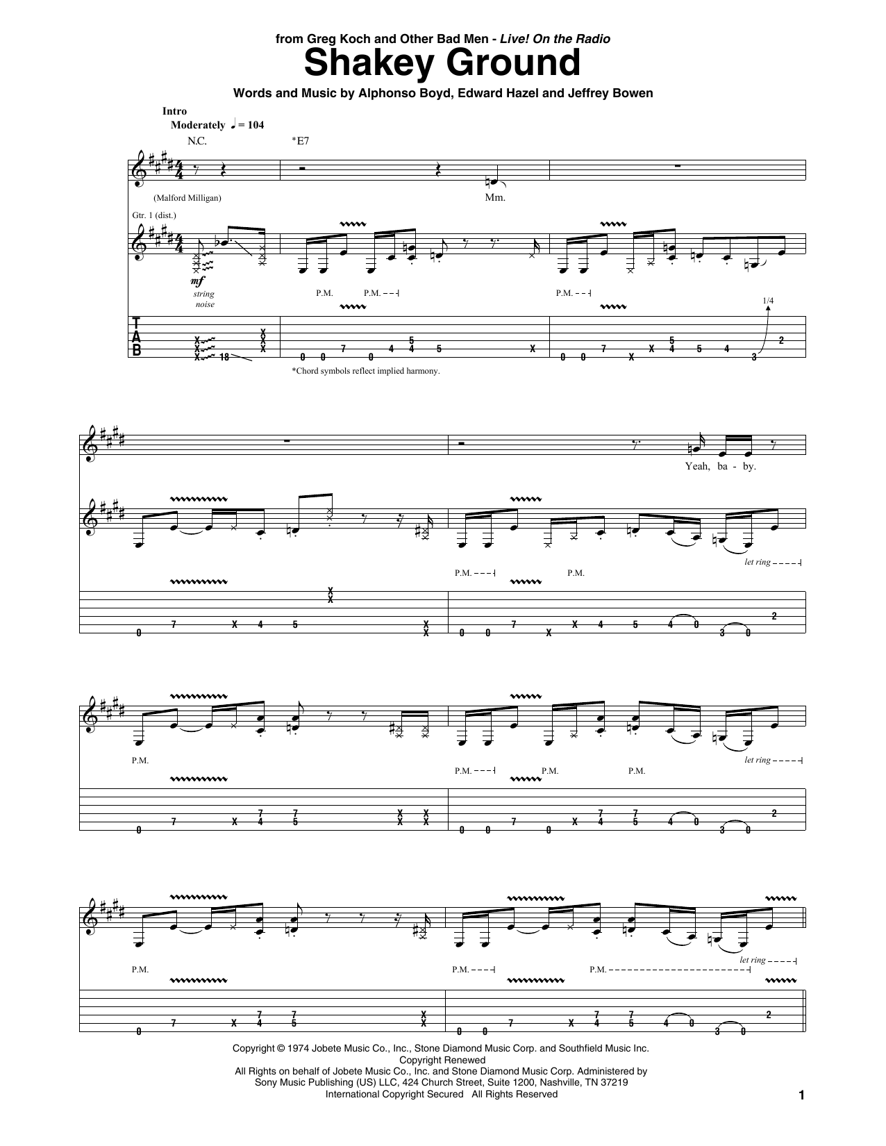 Greg Koch Shakey Ground sheet music notes and chords arranged for Guitar Tab