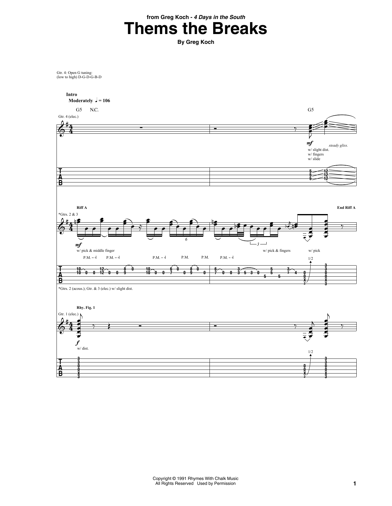 Greg Koch Thems The Breaks sheet music notes and chords arranged for Guitar Tab