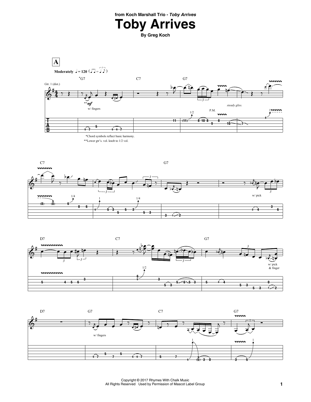 Greg Koch Toby Arrives sheet music notes and chords arranged for Guitar Tab