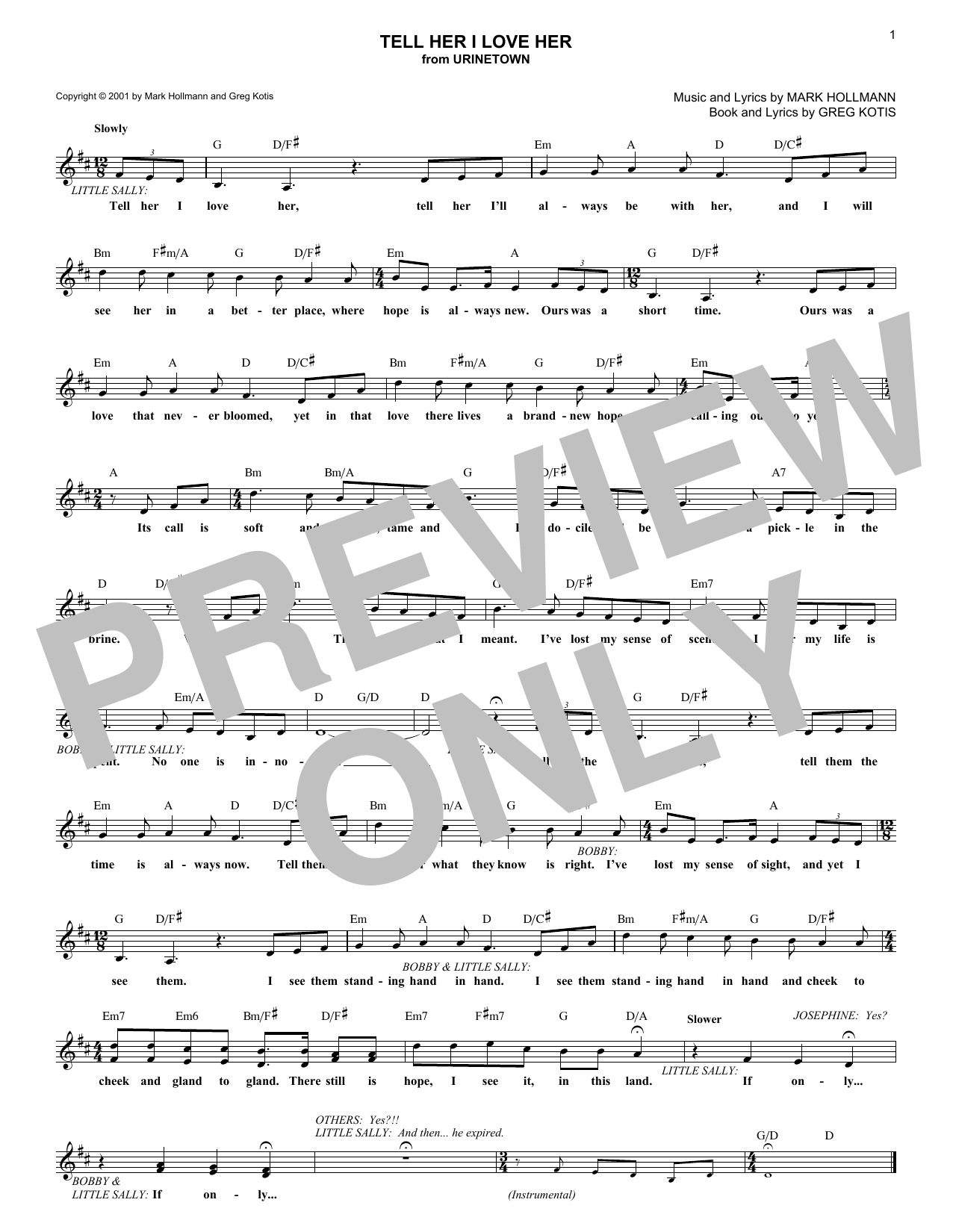 Greg Kotis Tell Her I Love Her sheet music notes and chords arranged for Lead Sheet / Fake Book