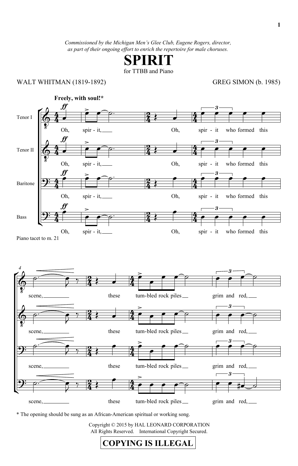 Greg Simon Spirit sheet music notes and chords arranged for TTBB Choir