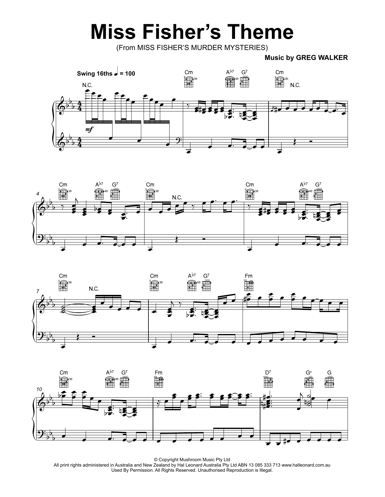 Greg Walker Miss Fisher's Theme (from Miss Fisher's Murder Mysteries) sheet music notes and chords arranged for Piano Solo