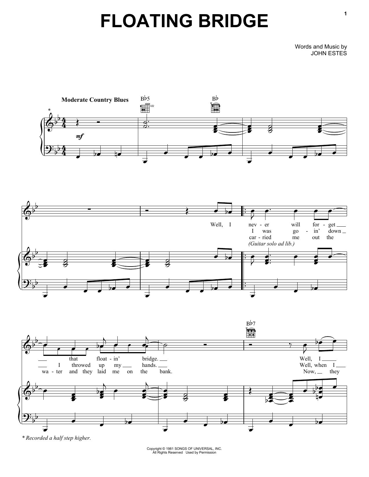 Gregg Allman Floating Bridge sheet music notes and chords arranged for Piano, Vocal & Guitar Chords (Right-Hand Melody)