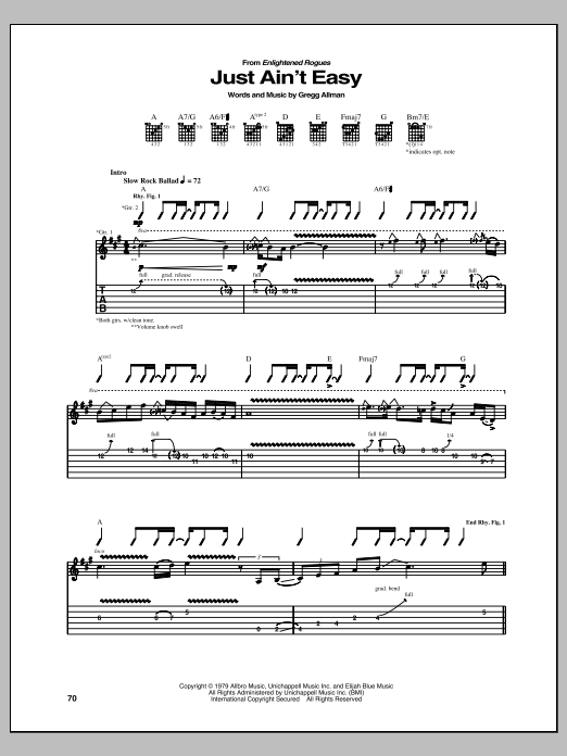 Gregg Allman Just Ain't Easy sheet music notes and chords arranged for Guitar Tab