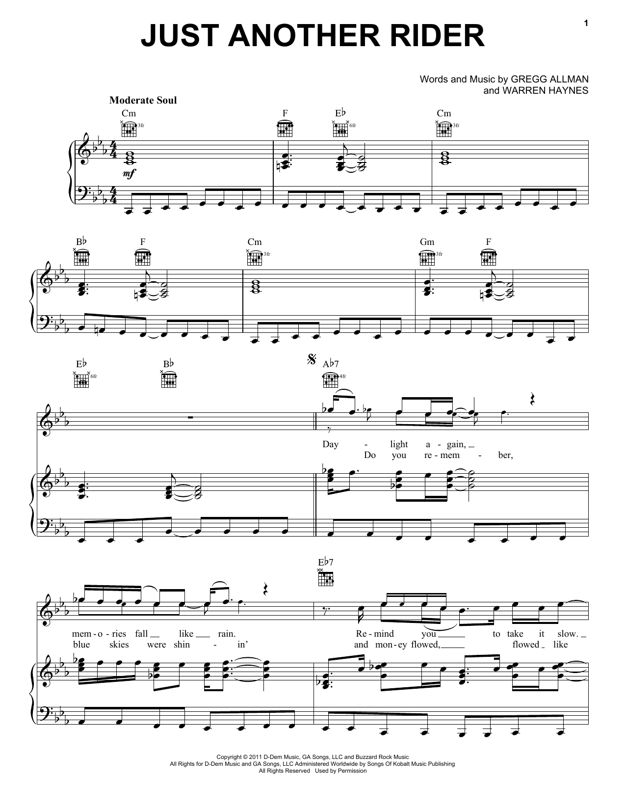 Gregg Allman Just Another Rider sheet music notes and chords arranged for Piano, Vocal & Guitar Chords (Right-Hand Melody)