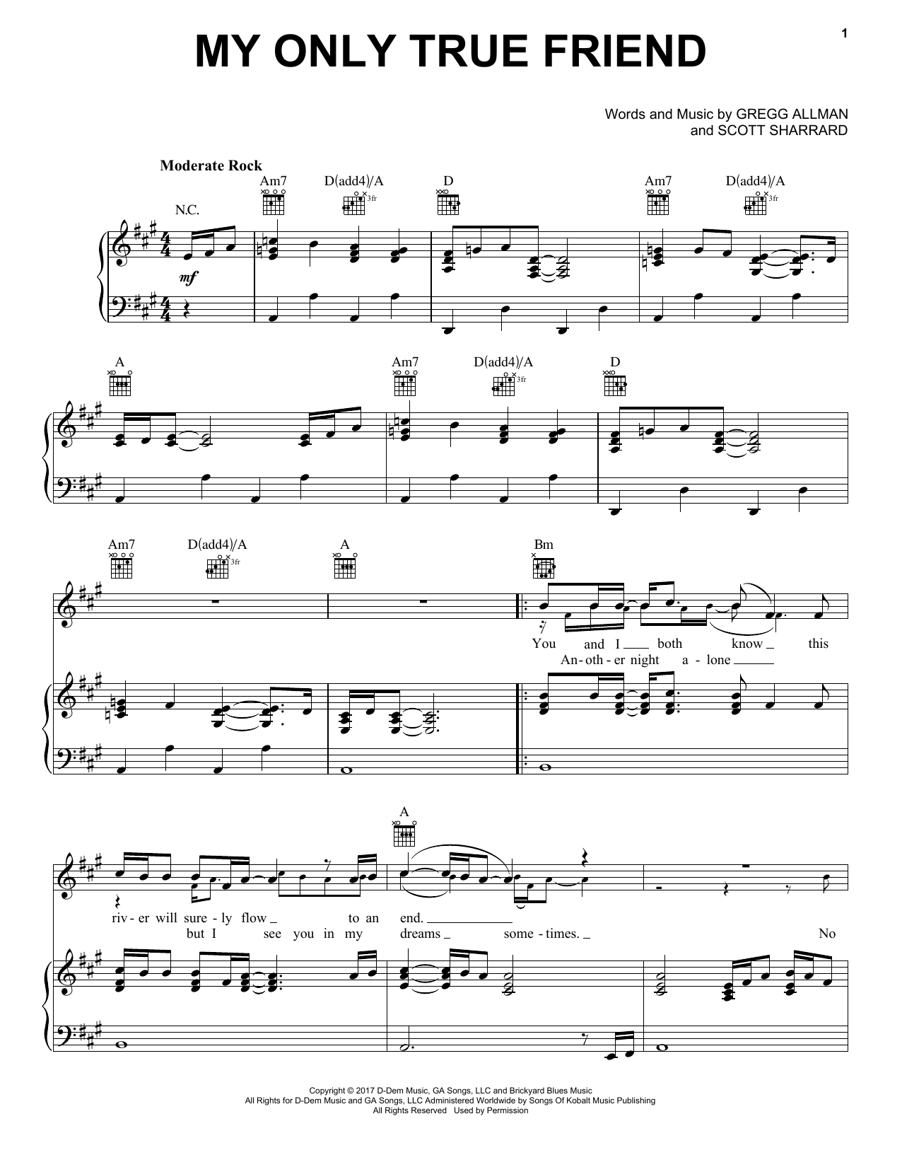 Gregg Allman My Only True Friend sheet music notes and chords arranged for Piano, Vocal & Guitar Chords (Right-Hand Melody)
