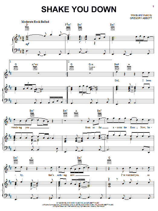 Gregory Abbott Shake You Down sheet music notes and chords arranged for Piano, Vocal & Guitar Chords (Right-Hand Melody)