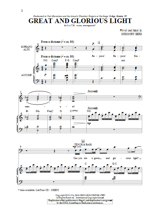 Gregory Berg Great And Glorious Light sheet music notes and chords arranged for SATB Choir