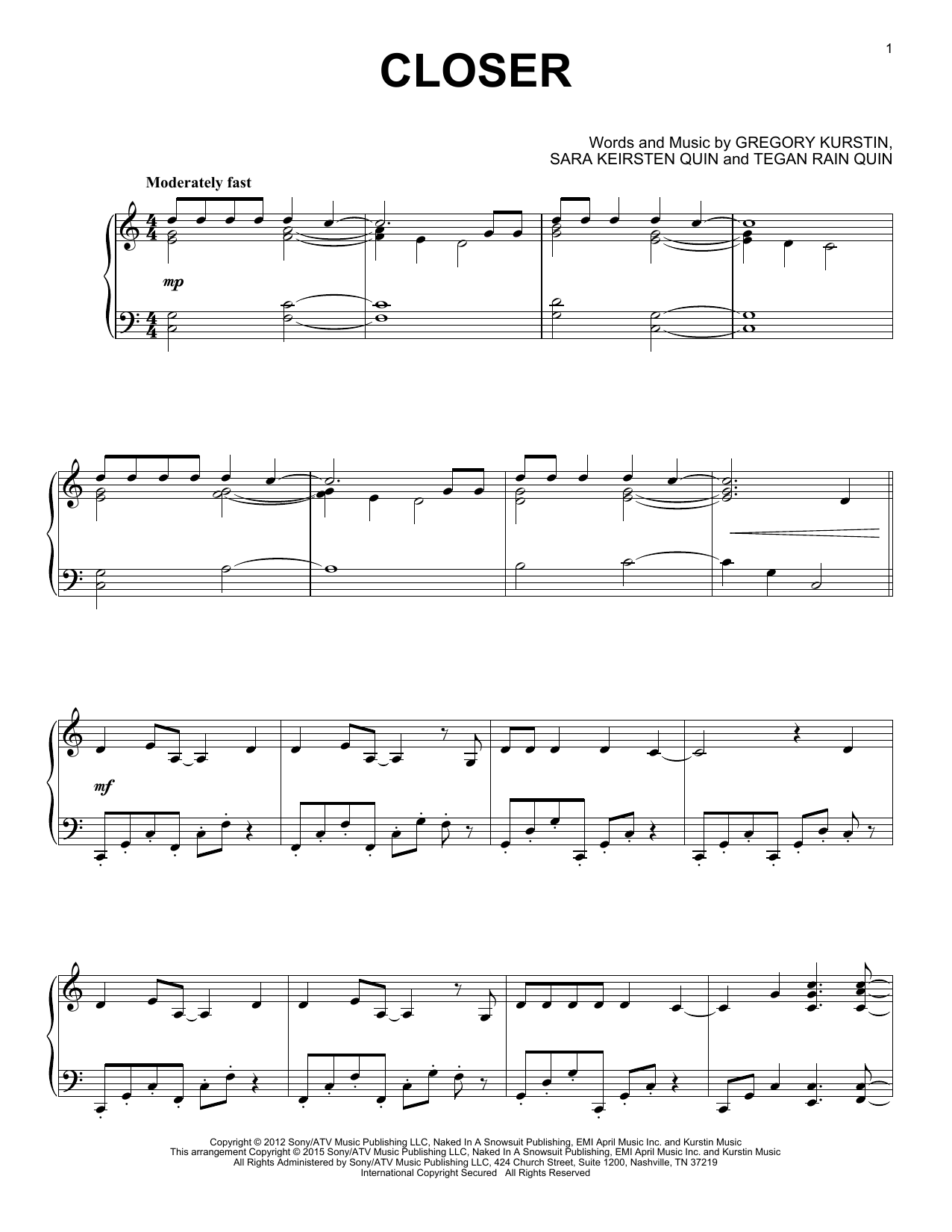 Gregory Kurstin Closer sheet music notes and chords arranged for Piano Solo