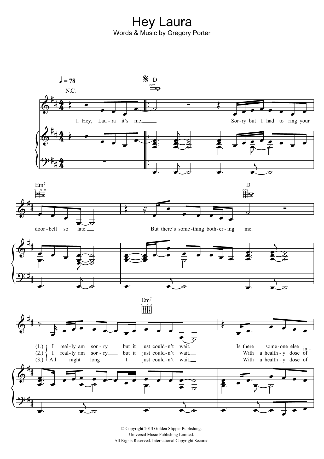 Gregory Porter Hey Laura sheet music notes and chords arranged for Piano, Vocal & Guitar Chords