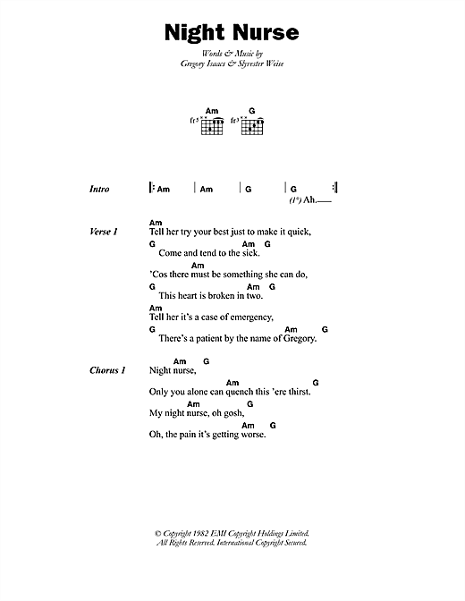 Gregory Isaacs Night Nurse sheet music notes and chords arranged for Guitar Chords/Lyrics