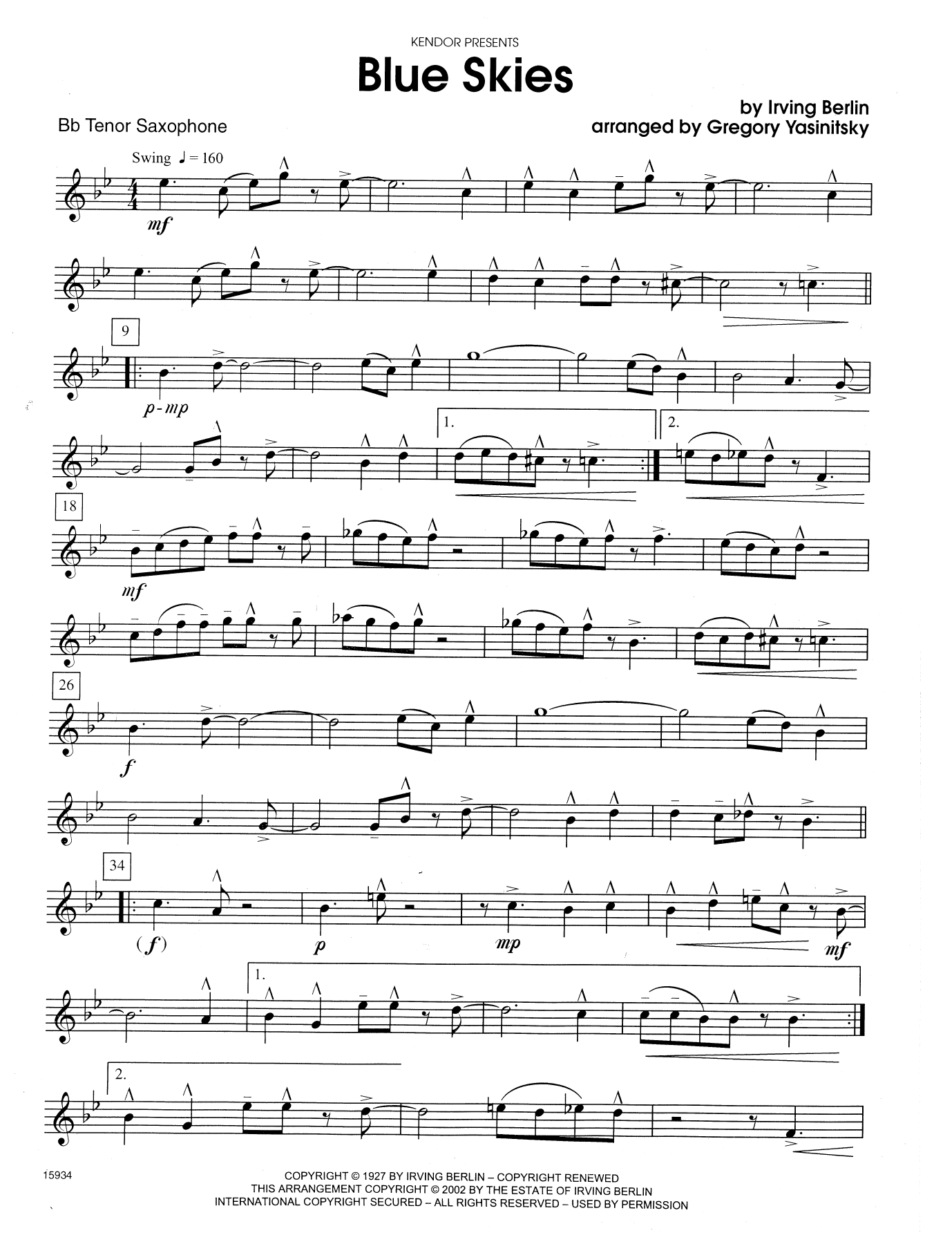 Gregory Yasinitsky Blue Skies - Bb Tenor Saxophone sheet music notes and chords. Download Printable PDF.