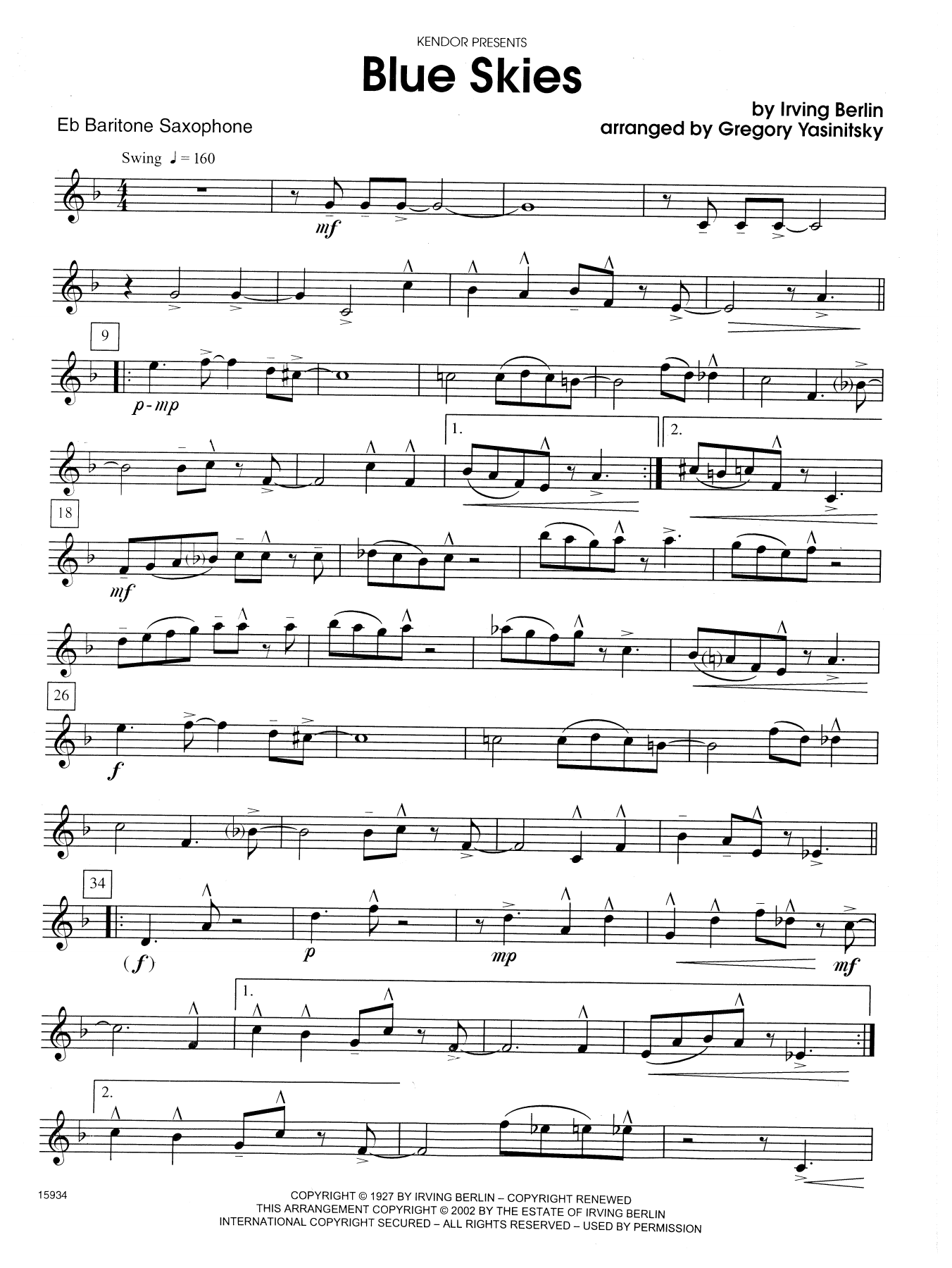 Gregory Yasinitsky Blue Skies - Eb Baritone Saxophone sheet music notes and chords. Download Printable PDF.