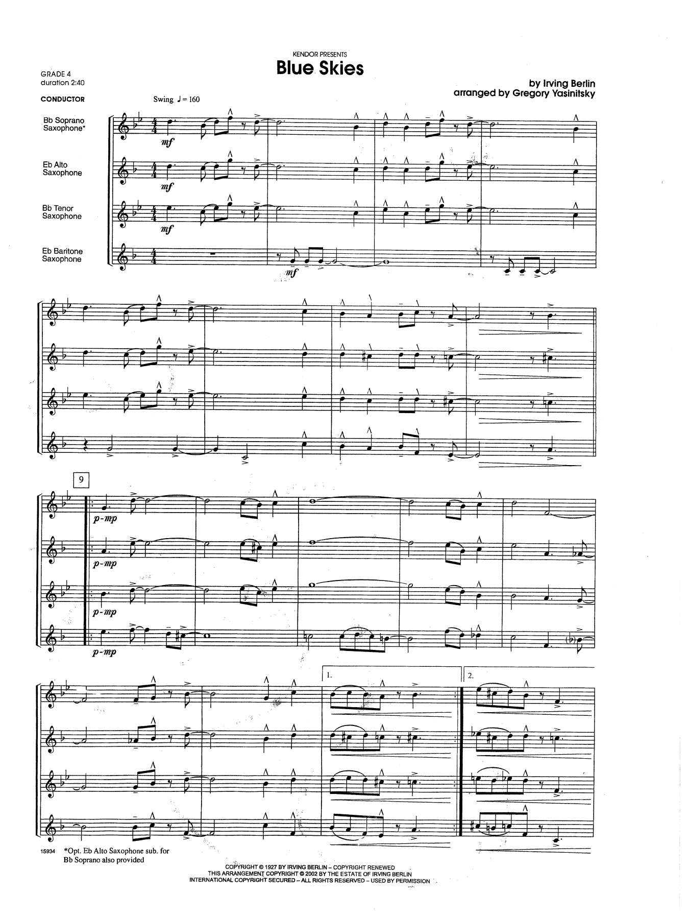 Gregory Yasinitsky Blue Skies - Full Score sheet music notes and chords. Download Printable PDF.