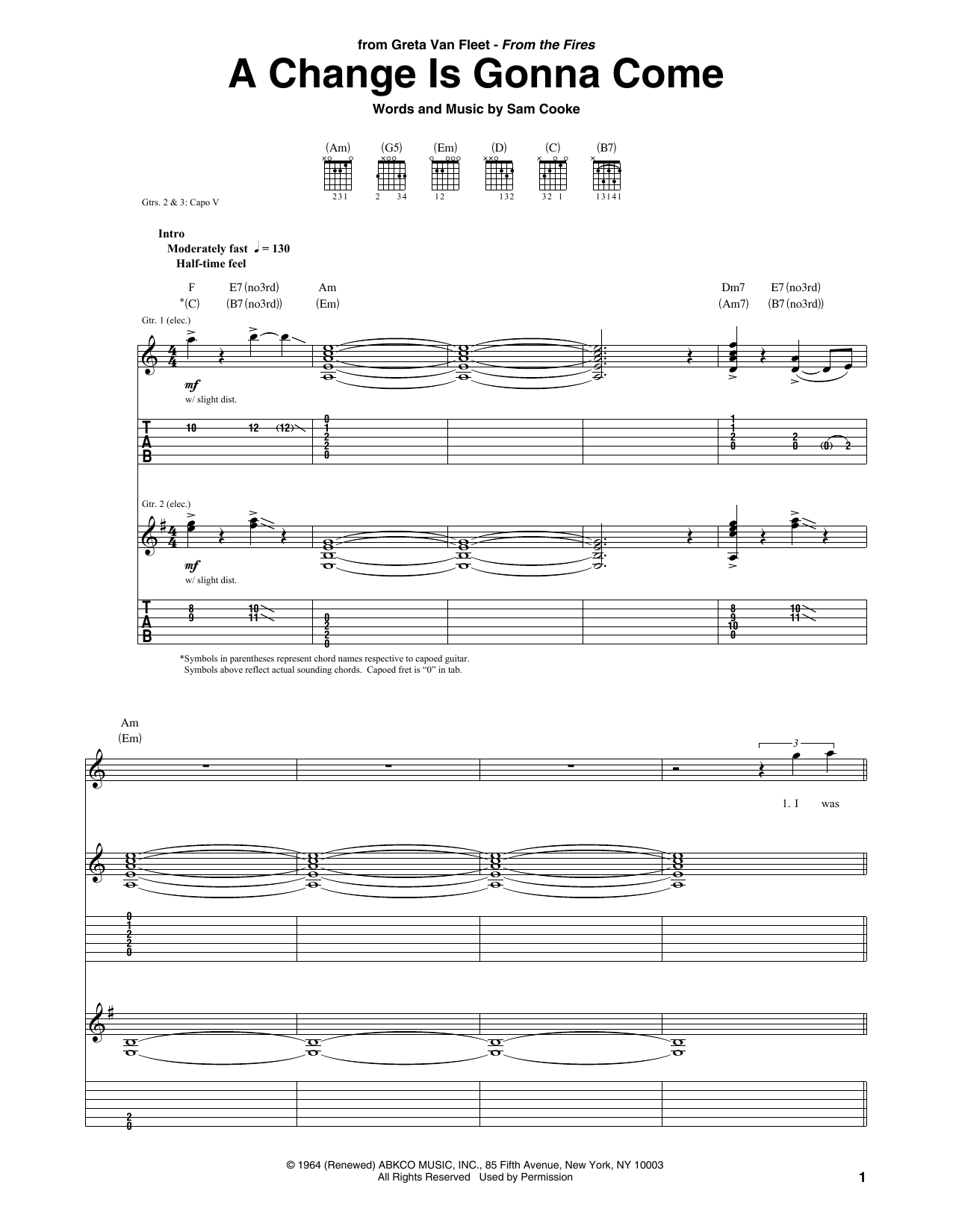 Greta Van Fleet A Change Is Gonna Come sheet music notes and chords arranged for Guitar Tab