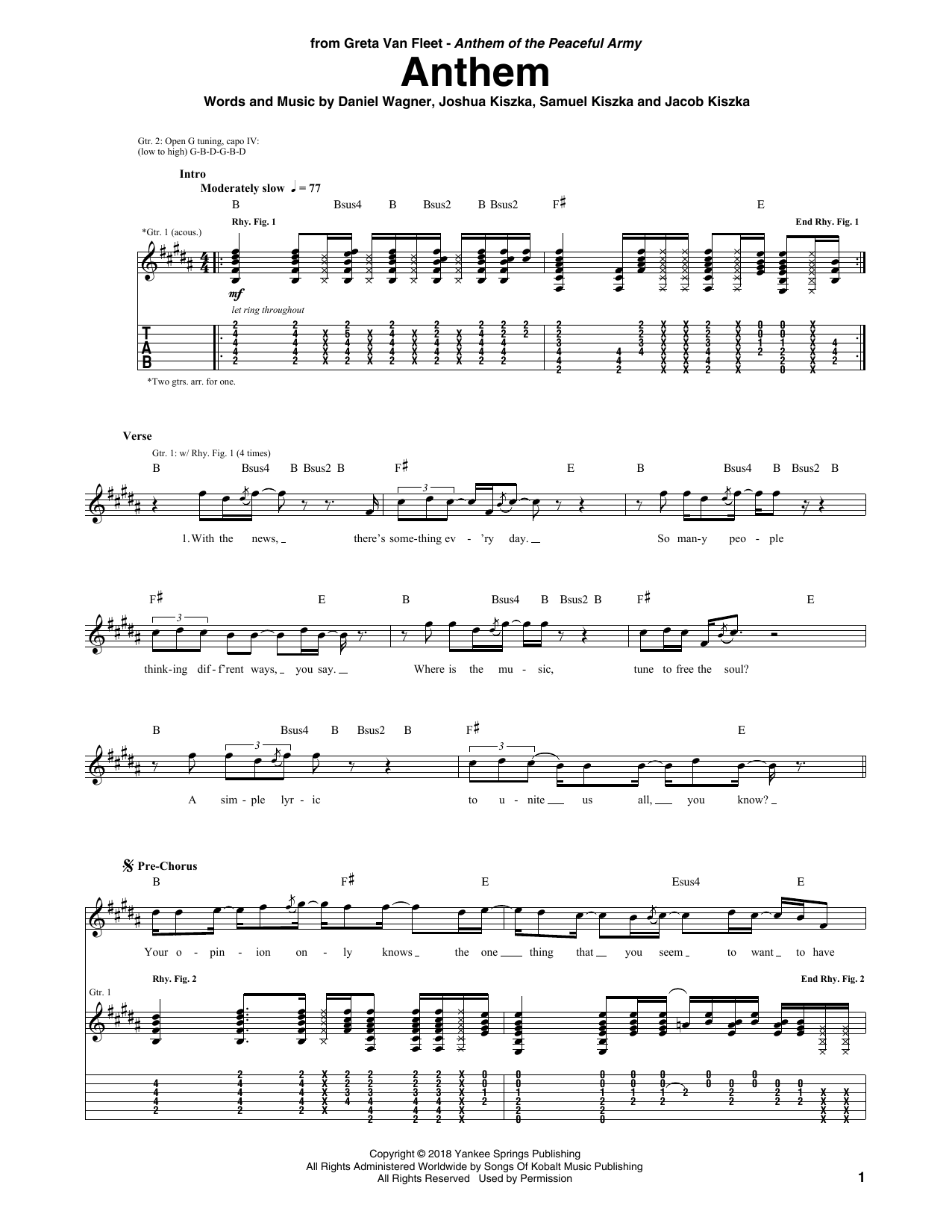 Greta Van Fleet Anthem sheet music notes and chords arranged for Guitar Tab