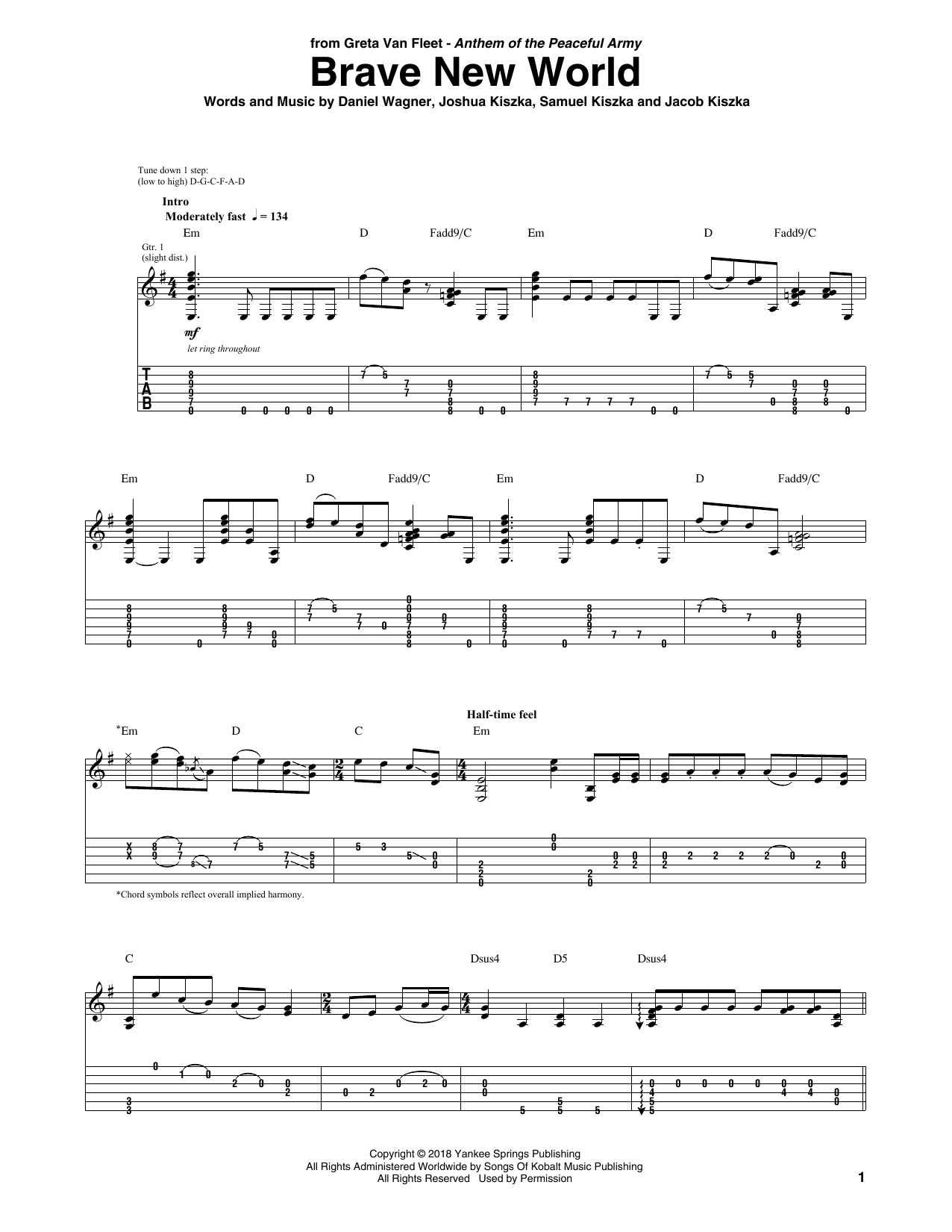 Greta Van Fleet Brave New World sheet music notes and chords arranged for Guitar Tab