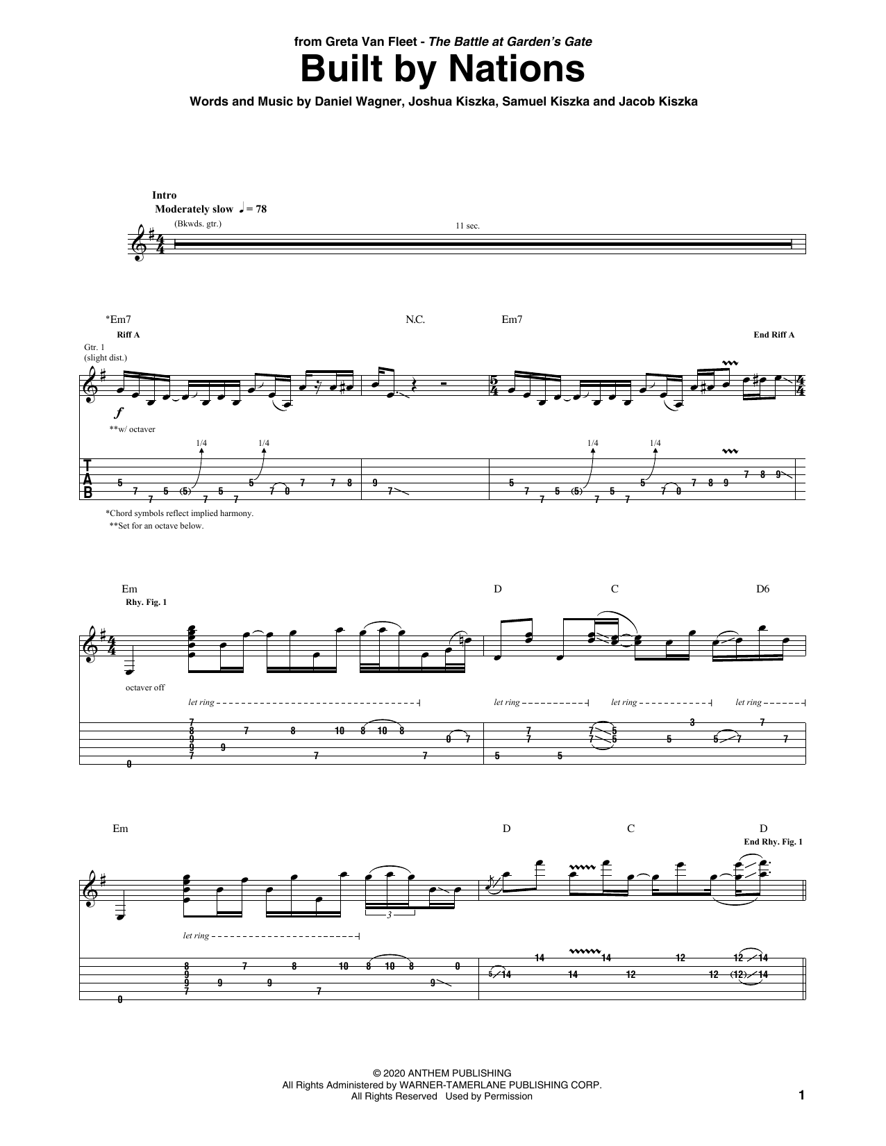 Greta Van Fleet Built By Nations sheet music notes and chords arranged for Guitar Tab