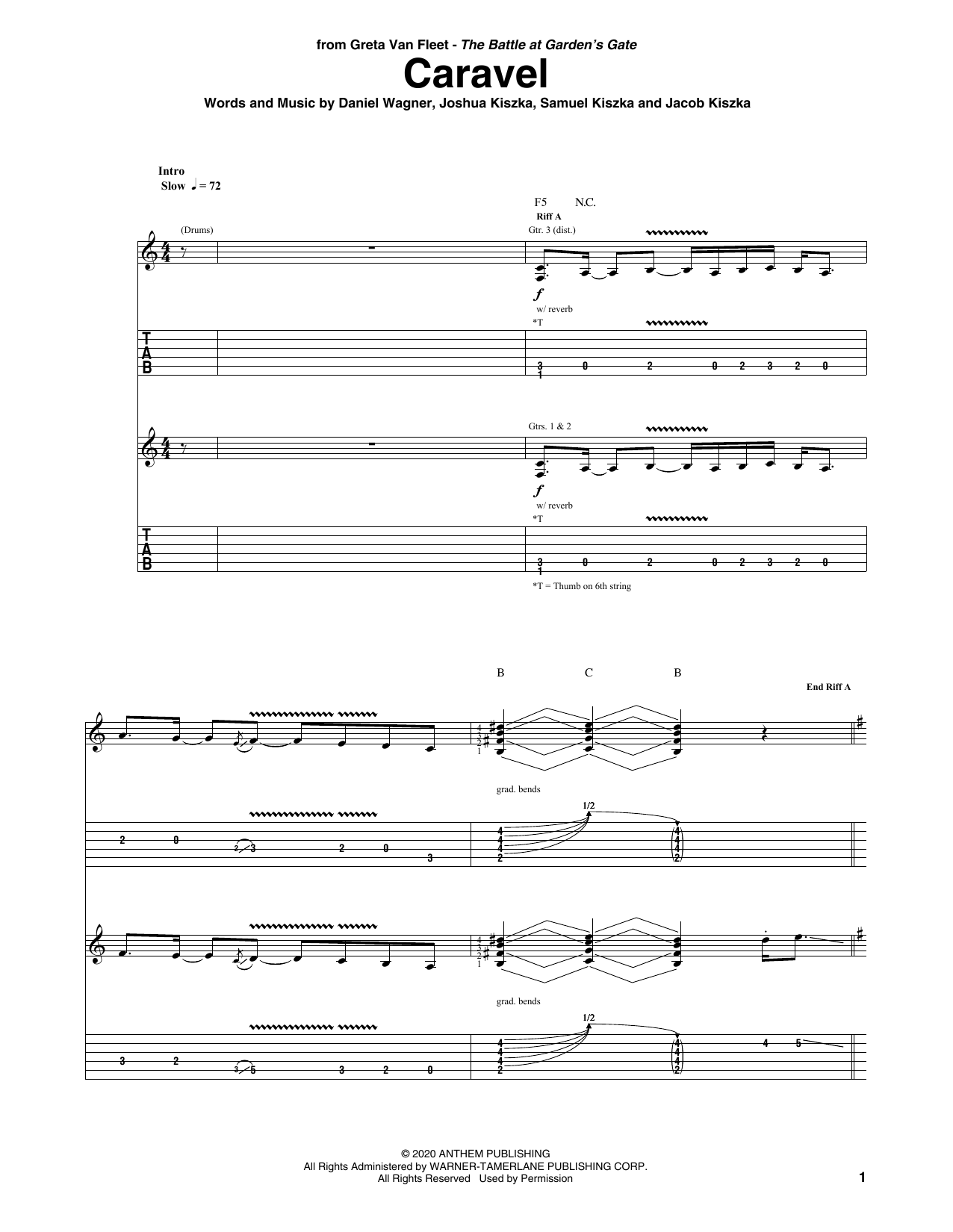 Greta Van Fleet Caravel sheet music notes and chords arranged for Guitar Tab