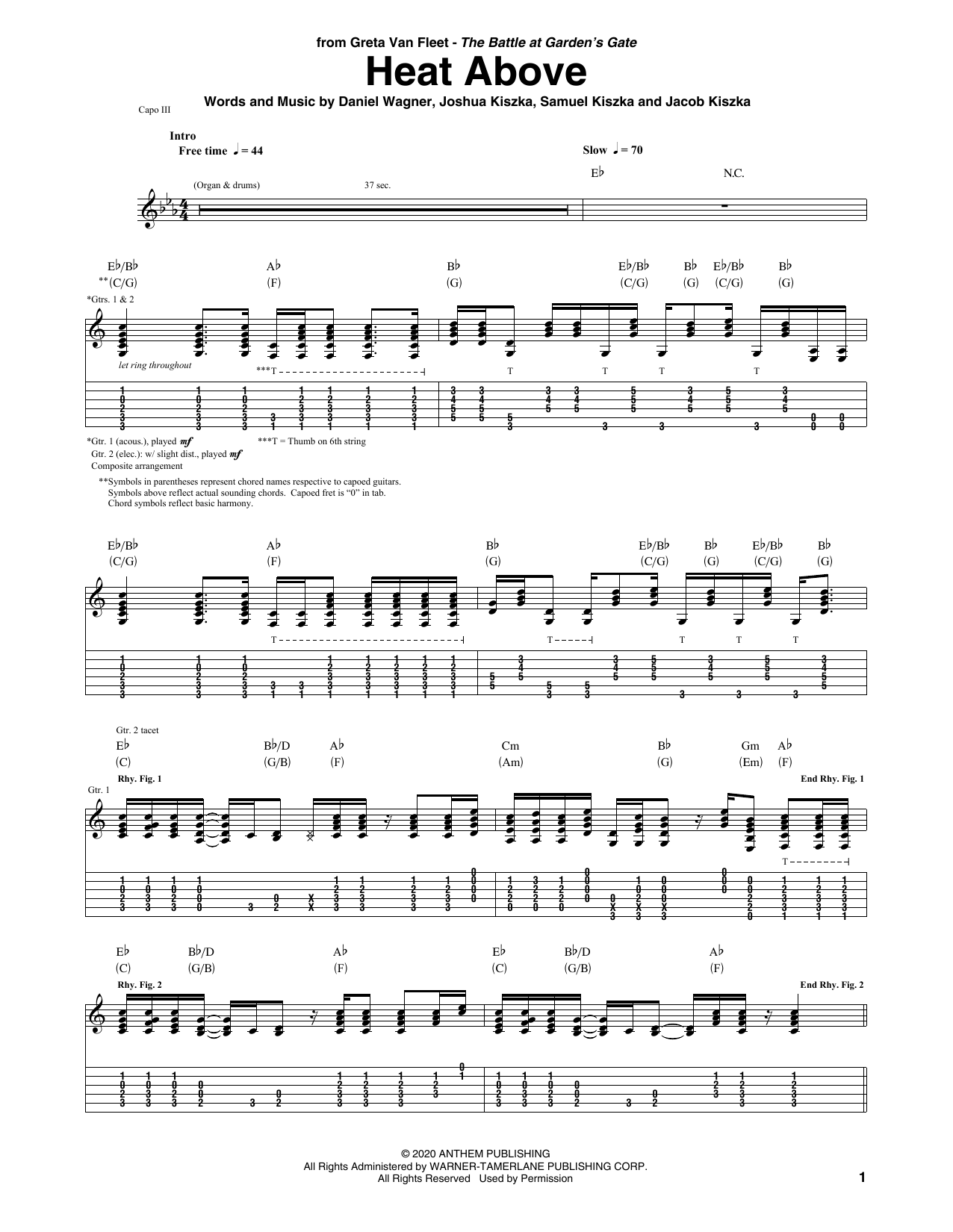 Greta Van Fleet Heat Above sheet music notes and chords arranged for Guitar Tab
