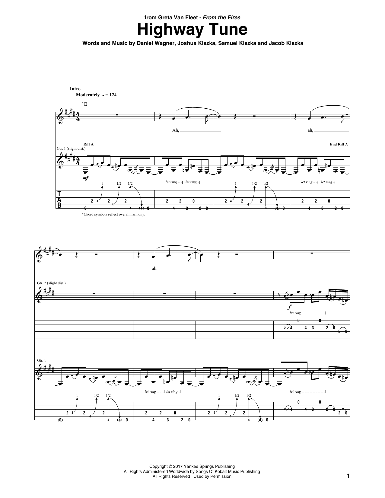 Greta Van Fleet Highway Tune sheet music notes and chords arranged for Guitar Tab