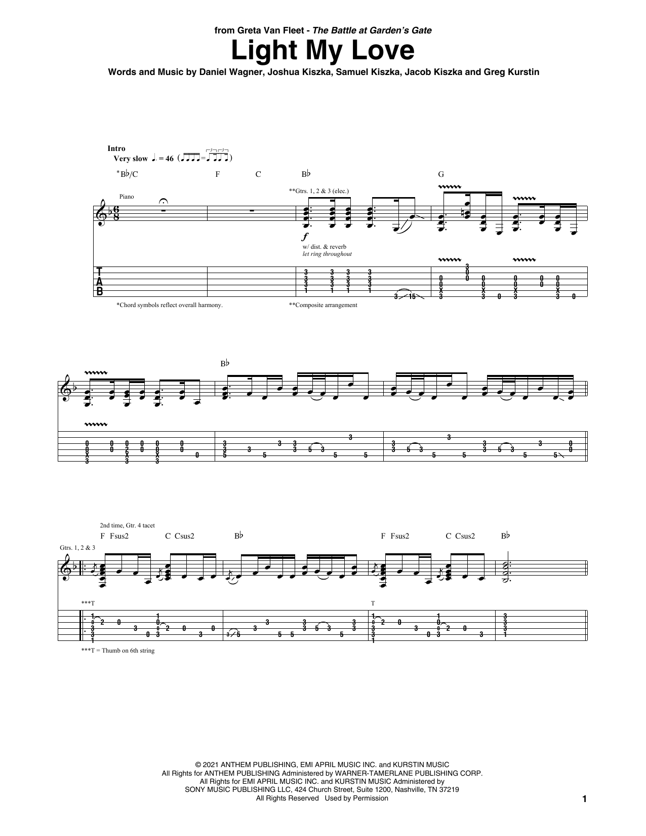 Greta Van Fleet Light My Love sheet music notes and chords arranged for Guitar Tab