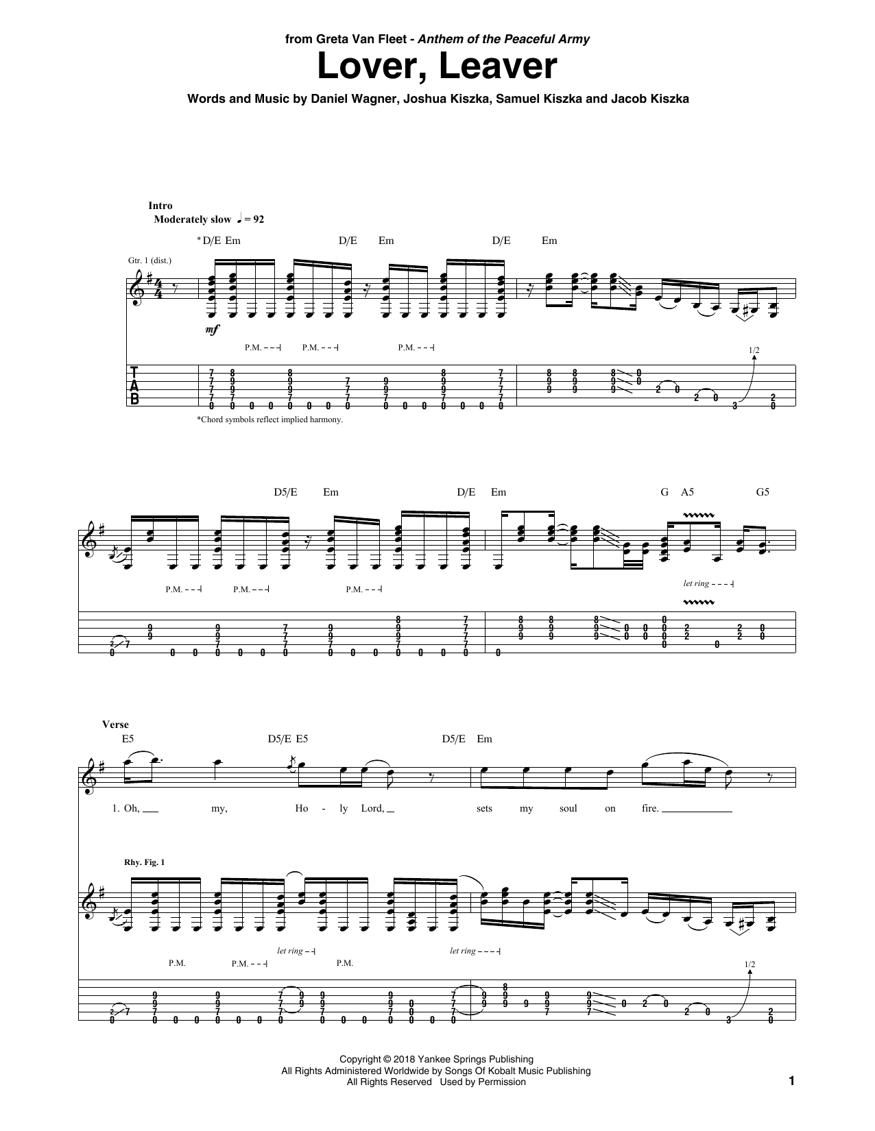 Greta Van Fleet Lover, Leaver sheet music notes and chords arranged for Guitar Tab