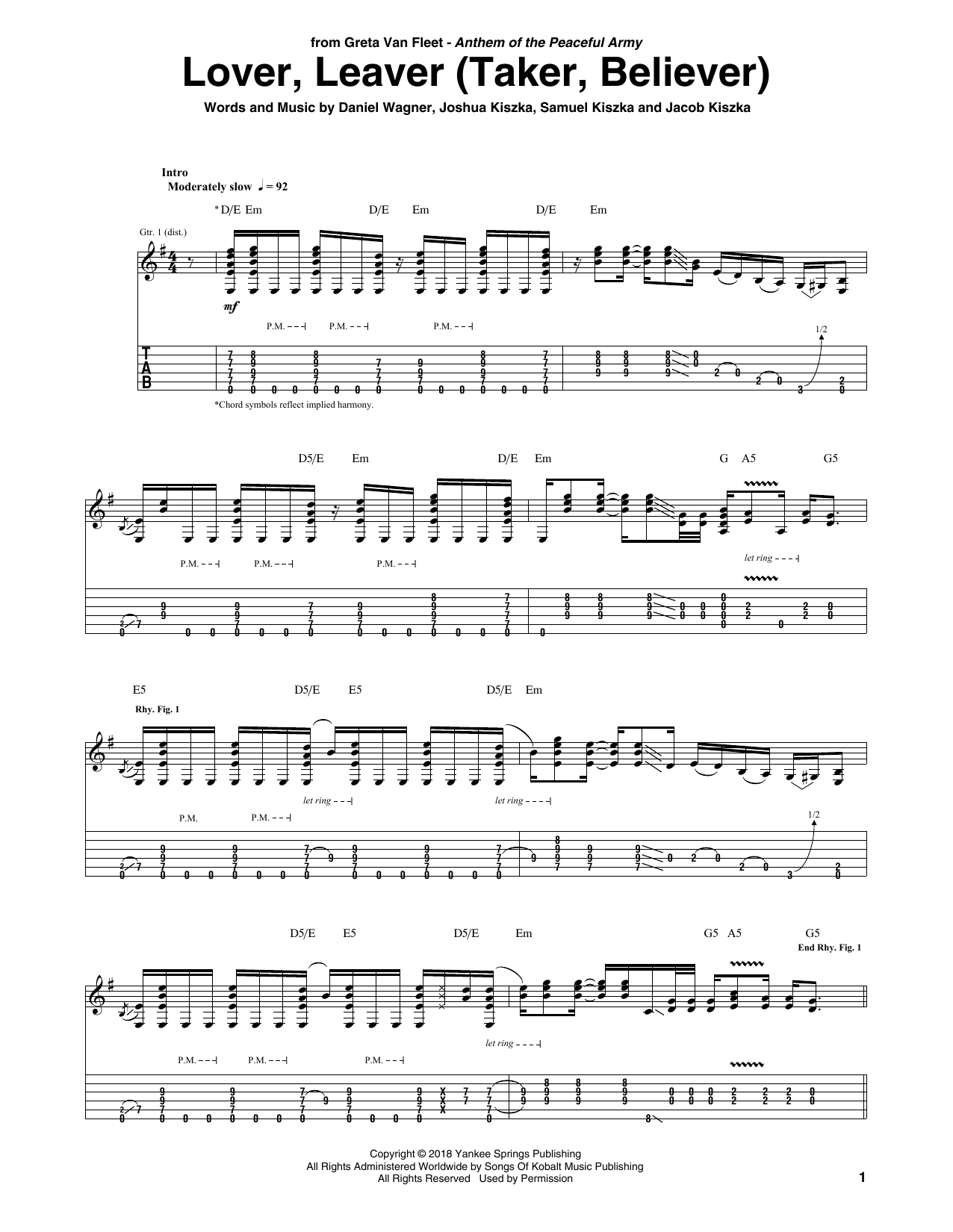 Greta Van Fleet Lover, Leaver (Taker, Believer) sheet music notes and chords arranged for Guitar Tab