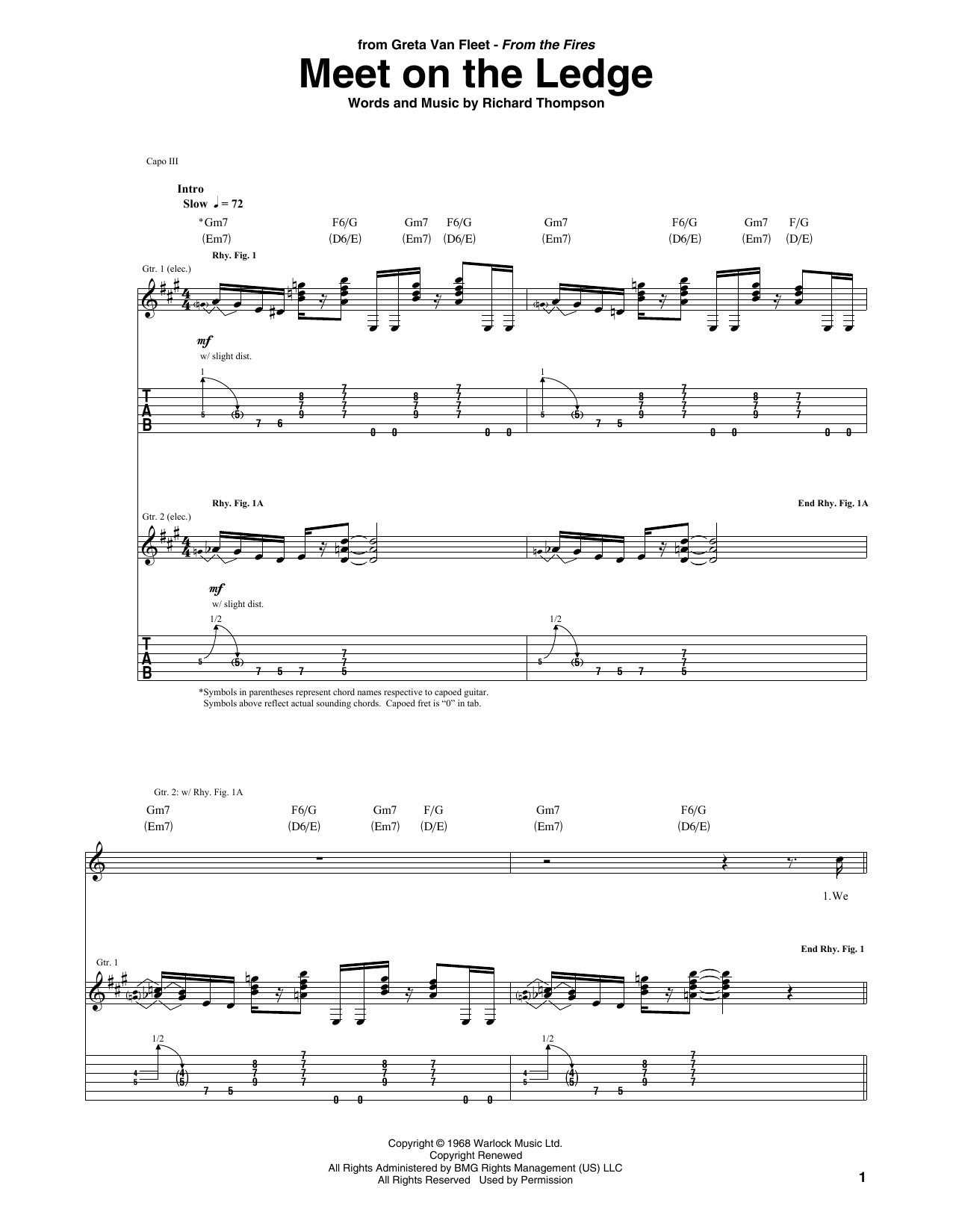 Greta Van Fleet Meet On The Ledge sheet music notes and chords arranged for Guitar Tab