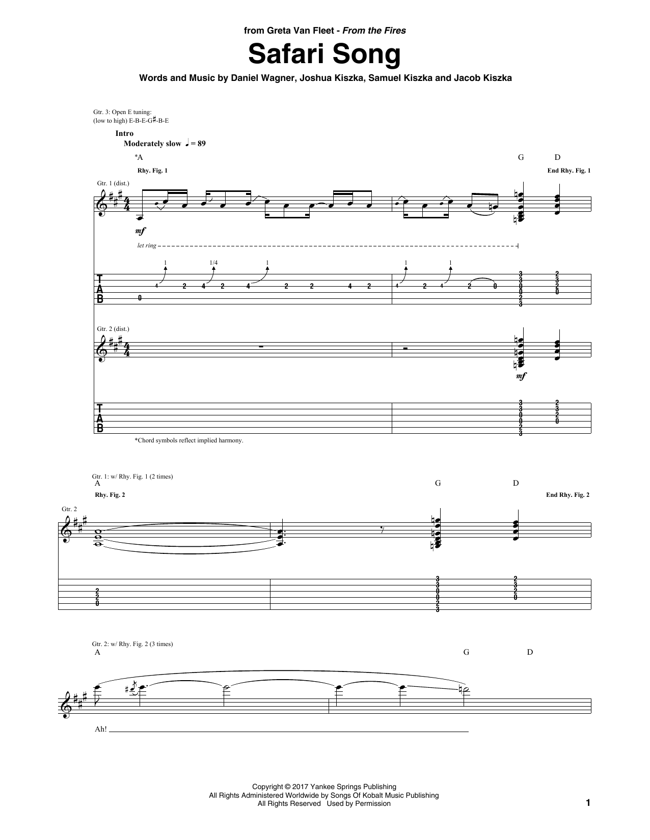 Greta Van Fleet Safari Song sheet music notes and chords arranged for Guitar Tab