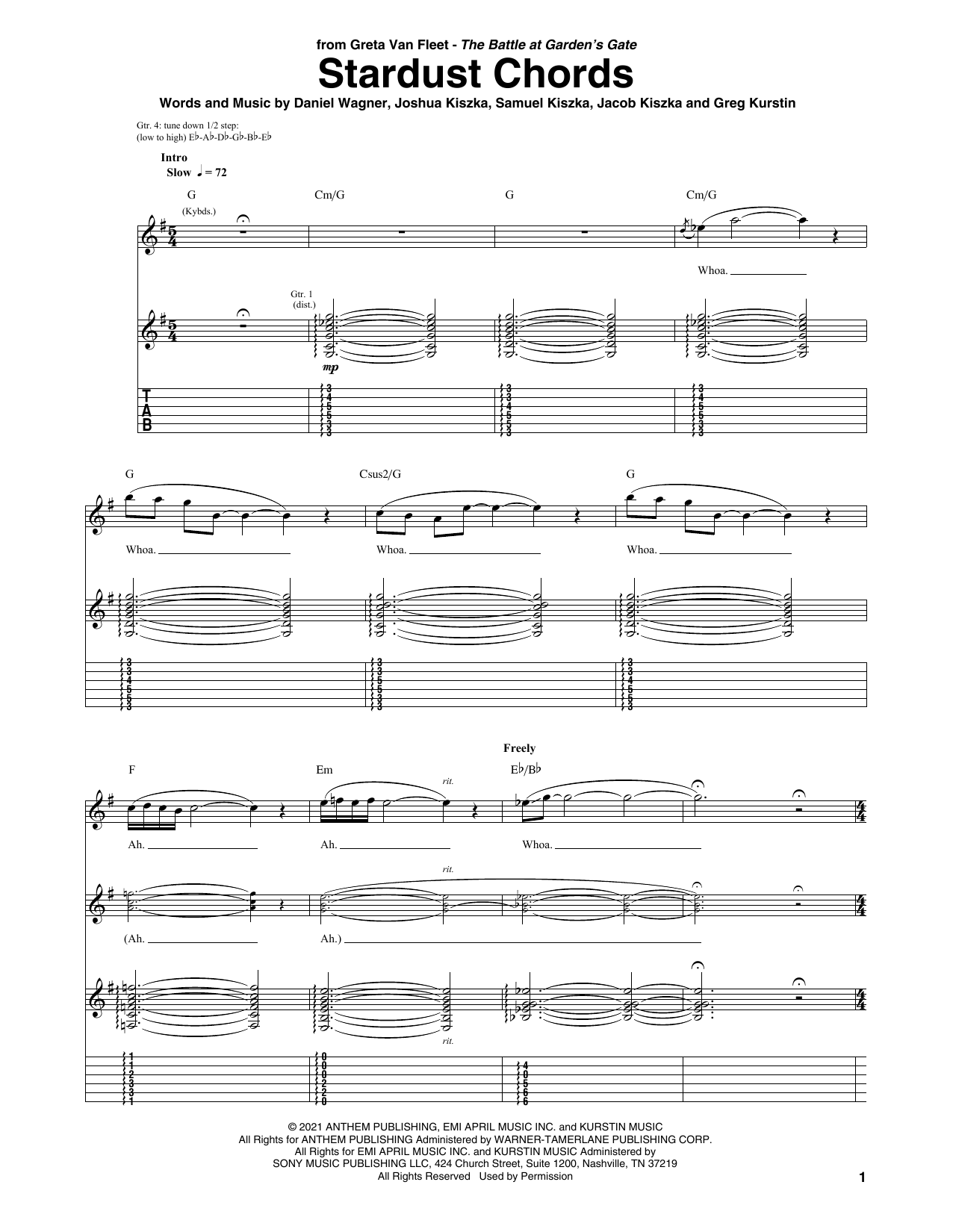 Greta Van Fleet Stardust Chords sheet music notes and chords arranged for Guitar Tab