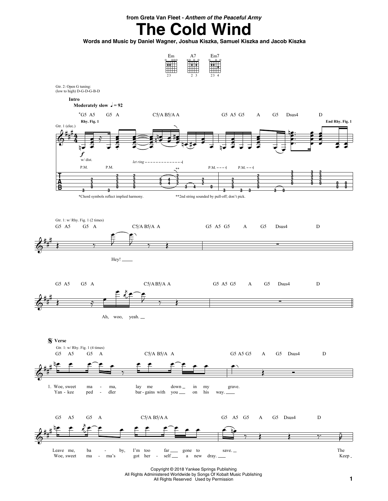 Greta Van Fleet The Cold Wind sheet music notes and chords arranged for Guitar Tab